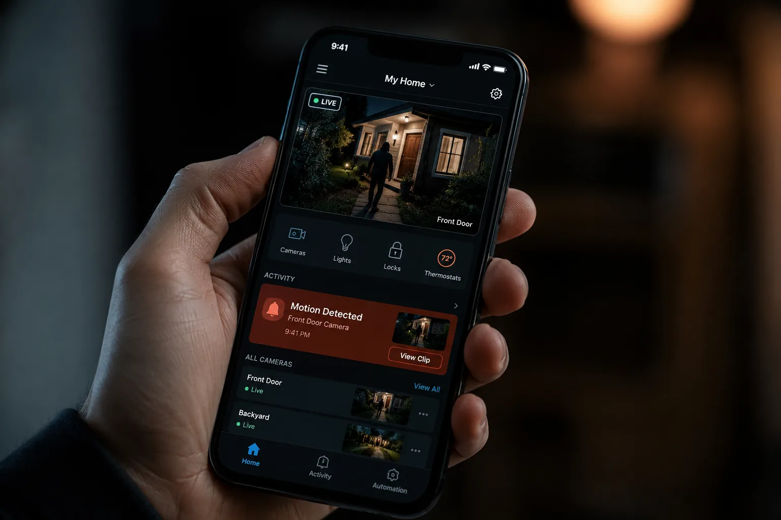 Security app på mobil med live kamera og bevægelsesalarm