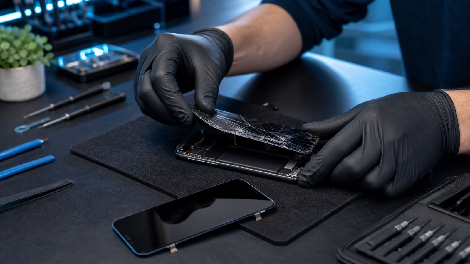 Tekniker udskifter en revnet iPhone-skærm