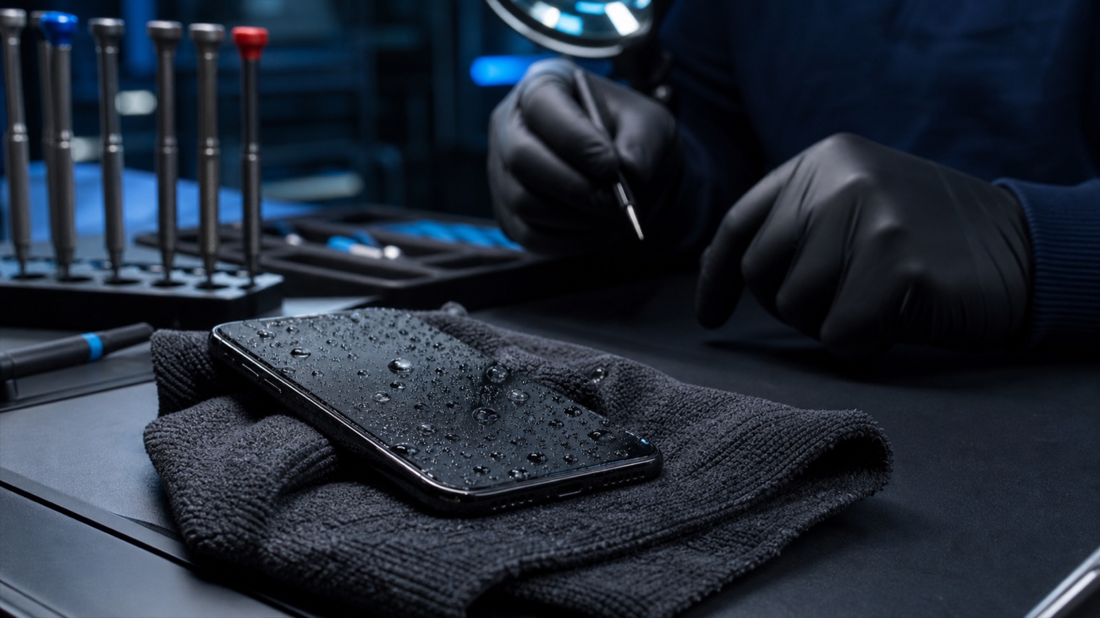Våd smartphone ligger slukket på en absorberende klud