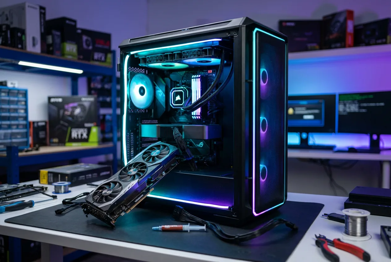Åben gaming-PC med grafikkort under reparation på værksted med RGB-belysning