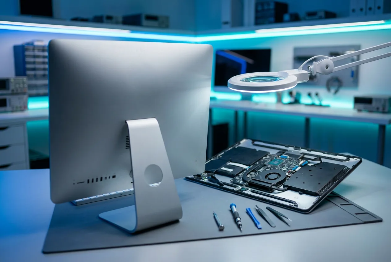 iMac all-in-one computer klar til reparation på værksted med specialværktøj