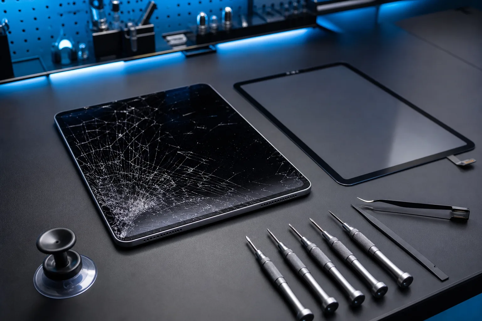 iPad under reparation på værksted med præcisionsværktøj