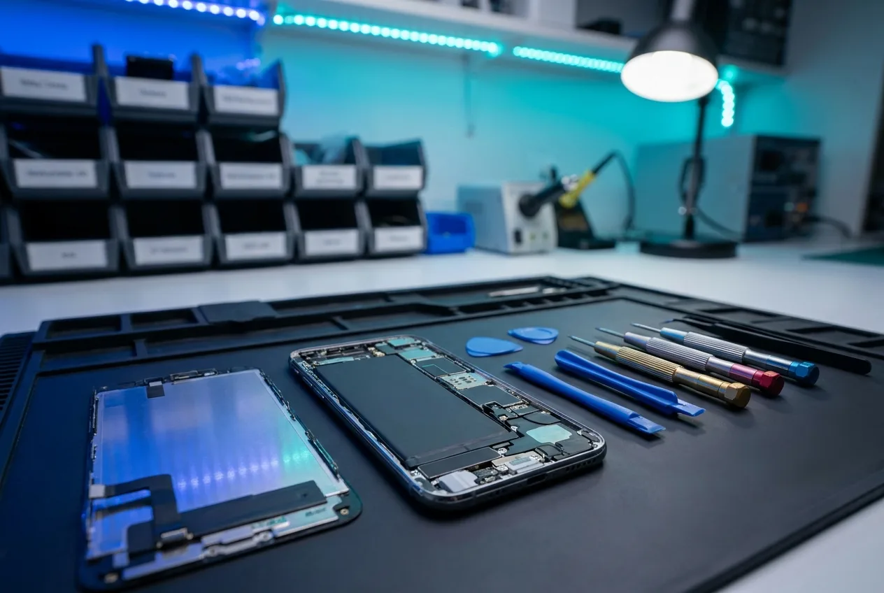 iPhone under reparation på værksted med præcisionsværktøj